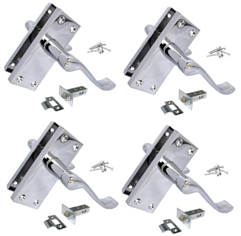 Epsom Door Handle Victorian Scroll Lever Handle on Backplate – 118mm x 42mm Plate, 120mm Lever – Polished Chrome Door Handle – Pack of 4 – with 63mm Tubular Latch