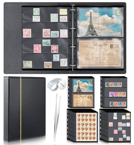 Lewtemi Stamp Collecting Albums Set 3/4 Ring Stamp Collection Book Include 20 Pages Album Binder Tweezer and Loop Magnifier Collecting Supplies for Collectors(Black,1/2/3/4 Rows)