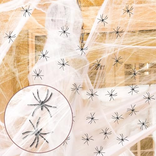 Koliphy 200g Halloween Spinnennetz Deko, Dehnbares Spinnennetz mit 30 Spinnen, Halloween Deko für Drinnen und Draußen, Reicht zum Abdecken von 40㎡, für Spukhaus-Deko, Gruselszene, Partyzubehör
