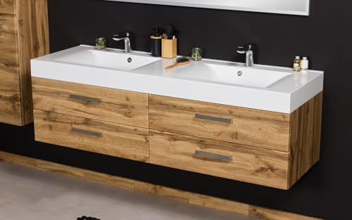 Quentis Badmöbelset ZENO 160 cm, Doppelwaschtisch mit Unterschrank, Eiche Natur, 4 Schubladen, Unterschrank montiert (160 cm)
