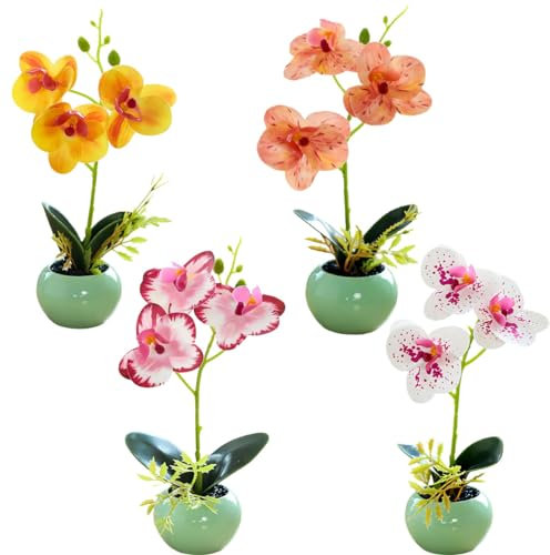 Lot De 4 Orchidees Artificielles en Pot Orchidees Artificielles Pot De Fleurs en CéRamique Verte Fleurs Artificielles pour Table Bureau Maison FêTe De Mariage Jardin DéCor