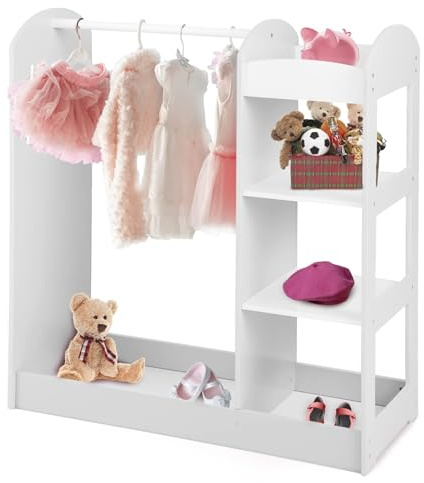 LIFEZEAL Armario Infantil de Ropa, ropero con Perchero y 4 estantes, Organizador de Madera con Espejo Entero, Mueble de Almacenamiento de Dormitorio para niños, 93,5 x 38 x 100 cm