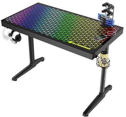 EUREKA ERGONOMIC Glas Gaming Tisch mit RGB 110 X 60 cm Gaming Schreibtisch Glass Gamer PC Computertisch mit Musik Sync, APP Steuerung, Kopfhörerhaken, Getränkehalter