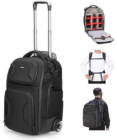 NEEWER 2 en 1 Mochila con Ruedas para Cámara con Divisor Prueba de Golpe,Asa Retráctil, Cinturilla, Funda para Lluvia, Mochila de Mano para Cámara, Trípode, Flash, Lente, Portátil, Color Negro, PB027