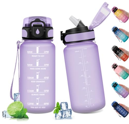 Gourde 500ml, Gourde Sport avec Paille, Bouteille de Motivation, Bouteille d'eau Sport Étanche, Bouteille Reutilisable, Gourde pour 1 Journee, Bouteille d'eau pour Enfant, Randonnée, Sport, Yoga