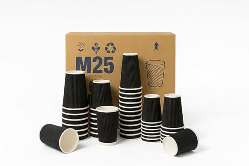 M25 Packs - 500 x Black 12oz Ripple Cups - 3 Ply Insulated Paper Cups - Disposable Hot Coffee Tea Drinking Cups