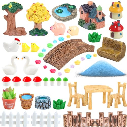 QUOZUO 50 piezas de miniaturas de jardín, accesorios de puente, casa, paisaje, pozo de agua, valla de animales, árbol, silla de arena, mesa, estanque, hongos, césped, adorno para manualidades, mini