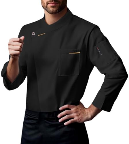 RUMAOZIA Giacca da cuoco da uomo, a maniche lunghe, abbigliamento da cucina, da panettiere, con bottoni, per uniforme professionale, costume da cuoco, per ristorante e hotel