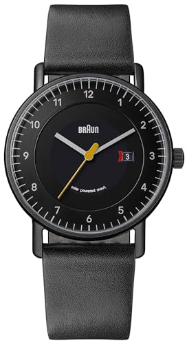 Braun Mens 3-Hand with Solar Powered Date Analogue Quartz Watch, Black Dial, Leather Strap and Stainless Steel Case, 40mm, Model BN0301BKBKG