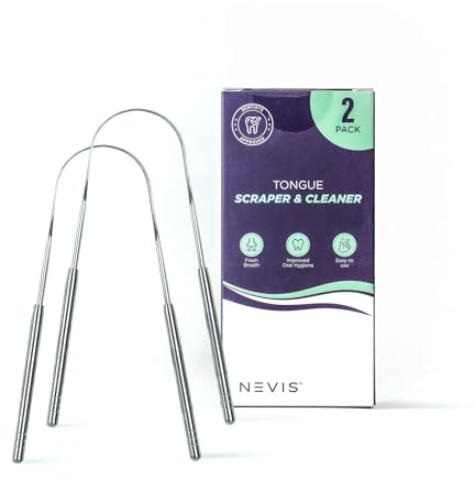 NEVIS Tongue Scraper, Prevent Bad Breath and Tonsil Stones, Improve Oral Hygiene, Fight Coated Tongue, Tonsillolith & Bacteria, Medical Grade Stainless Steel, 2 Pack