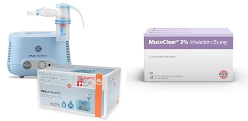 Bundle aus PARI COMPACT2 Inhalationsgerät Kinder & Erwachsene – Inhalator Vernebler zur Therapie der unteren Atemwege mit Kindermaske & Babymaske + MucoClear 3% Inhalationslösung, 60x 4 ml Lösung