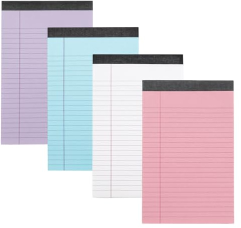 YUYUDEHM 4-pack färgade juridiska dynor, breda linjerade anteckningsblock 7,87 x 5,12, fodrade pappersdynor, 50 ark per anteckningsblock för skola, hem, kontor (rosa/lila/grön/vit)