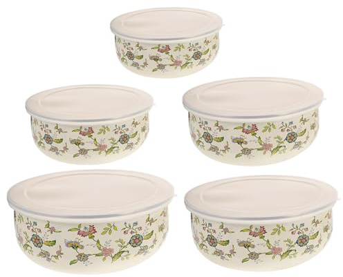 ULTECHNOVO 5 Pièces Lot de Bols Émail avec Couvercle Bols de Service Salade Empilables avec Couvercle Hermétique pour Conservation Fraîcheur et Soupe pour Cuisine et Réfrigérateur
