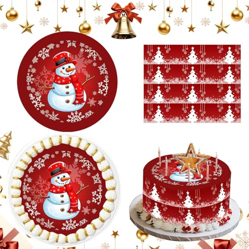 Tortendeko Weihnachten,Rund 20 cm,mit Essbar Tortenaufleger & Tortenband,Weihnachten Backzubehör Kuchen Deko (Schneemänner)