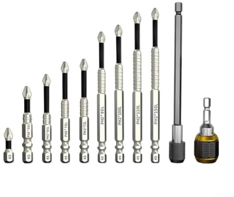 FACULX 11pc Cross Magnetic Screwdriver Set, Alloy Steel Anti-Slip Long Drill Bits PH2 with Quick Release Extension Rod for Professional Use