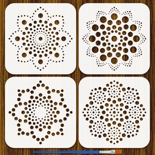 FINGERINSPIRE 4Styles Mandala Punktmuster Schablonen Mit Einem Pinsel 15x15cm Mandala Blumen Malschablone PET Abstrakte Blumenschablonen Blumenmotive Vorlage Für Holz Wände Stoffe Möbel