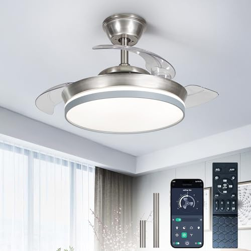 Depuley 36 Retractable Ceiling Fan: Modern Silent Smart Slim Ceiling Fans with Lights and Remote/APP Control - 6 Speed Dimmable Reversible Memory LED Fandelier for Bedroom Living Room Nickel+ Grey