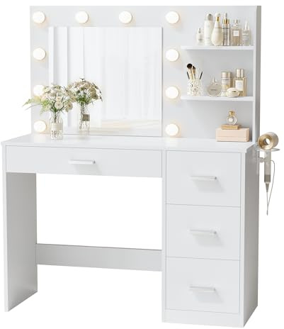 YESHOMY Vanity Desk with Mirror, 10 Lights, Power Outlet and 3 Storage Shelves, Makeup Table with 4 Drawers, 3 Color Modes, for Bedroom, Pure White