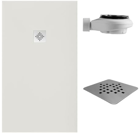 SoulHome Plato de Ducha Resina 150x75 Blanco Roto - Rejilla Standard | Antideslizante C3, Extraplano, Resina y carga mineral, Textura Liso Piedra, Antibacteriano, Gel-coat, Incluye válvula desagüe