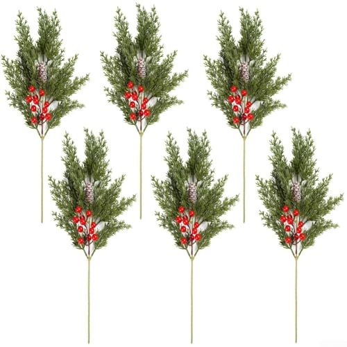 Rami di pino artificiale con bacche rosse, 48 cm, foglie di cedro finte, steli di agrifoglio per decorazioni natalizie, plettri flessibili per ghirlande, ghirlande, artigianato fai da te,
