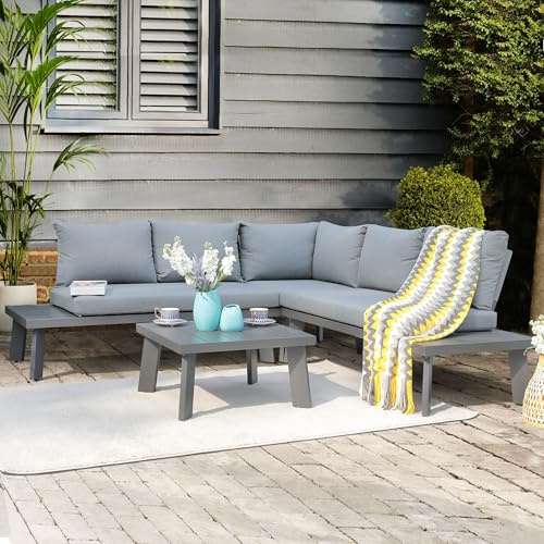 OC Orange-Casual 4-TLG Gartenlounge Set, L-förmige Aluminium Ecksofa Set mit Couchtisch, Wetterfeste Terassemöbel mit Kissen, für Garten,Balkon, Terasse, Hinterhof (Dunkelgrau)