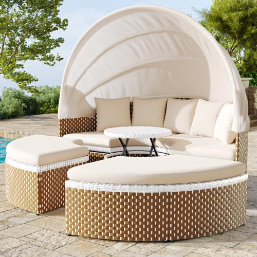 kozamas Gartenlounge-Set Sonneninsel für 4 Personen, Balkonmöbel Rattan Sitzgruppe Outdoor mit ausziehbarem Baldachin & anhebbarer Tischplatte, Runde Lounge Muschel-Sessel mit 6cm dicken Kissen