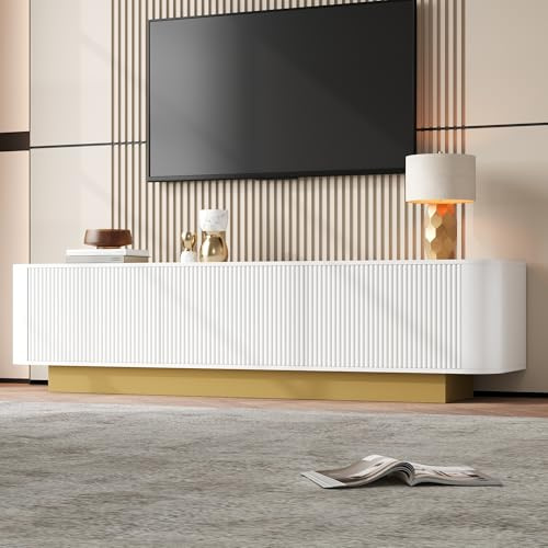 Httcg TV Schrank Lowboard für Fernseher bis zu 70 Zoll, TV Board Weiss Fernsehschrank mit Stauraum und Texturfront, Fernsehtisch Wohnzimmerschrank mit Abgerundetes Design und Sockel, 170x40.5x47 cm