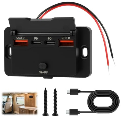 Cargador USB Coche Empotrable 76W 4 Puertos 12V con Interruptor Doble PD 36W y QC3.0 18W para Vehículos, Camper, Camión, Barco, RV, Autobús y Moto, Toma USB 12V Empotrable para Carga Rápida