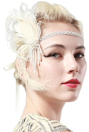 BABEYOND 1920s Stirnband Feder mit Strass und Perlen Damen 20er Jahre Stil Flapper Charleston Haarband Great Gatsby Damen Fasching Kostüm Accessoires