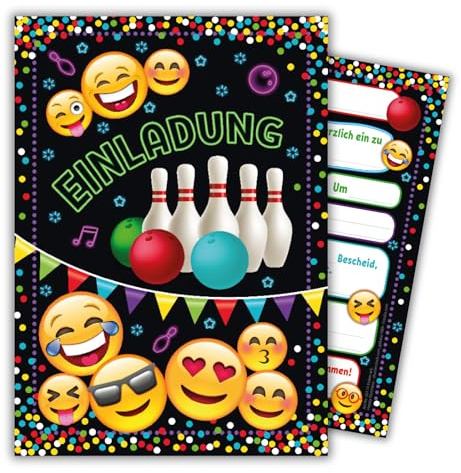 JuNa-Experten 12 x Einladungskarten Kindergeburtstag Bowling – Einladungen zur Bowling-Party für Jungen & Mädchen – Geburtstagseinladungen Kinder - Kartenset für Bowling-Motto