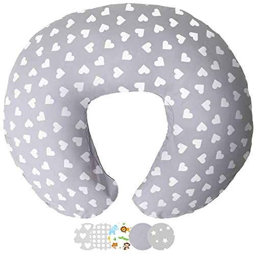 Niimo® Stillkissen klein - Stillhörnchen mit 100% Baumwollbezug & geräuschlose Füllung - Weicher & waschbarer Stillkissen Mond für unterwegs & Zuhause (Grau mit weißen Herzchen)