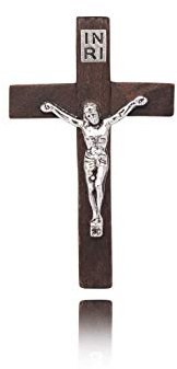 SHUCK24 Holzkreuz aus Jerusalem. Klassisches Holzkreuz mit der Inschrift INRI und den gekreuzigten Jesu Christi aus Metall ca. 4 cm hoch und 2,5 cm breit