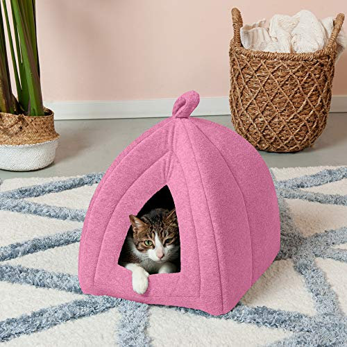 Furhaven Cat Bed Cave for Indoor Cats & Small Dogs, Washable & Foldable w/ Removable Cushion - Polar Fleece Pet Tent - Cotton Candy Pink, Small