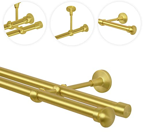 Barra de cortina de 1 carril, 2 vías, 19 mm, de latón dorado mate y cobre, estilo vintage, estilo 120 140 160 180 200 240 280 320 360 400 420 480 540 600, con tope, fijación al techo y a la pared