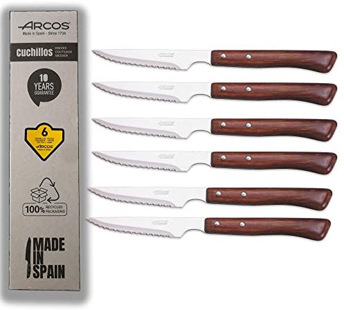 Arcos | cuchillos chuleteros cuchillo madera cuchillo chuletero | 6 Piezas | juego cuchillos carne | cuchillos mango madera | Envase Eco | Fabricado en España