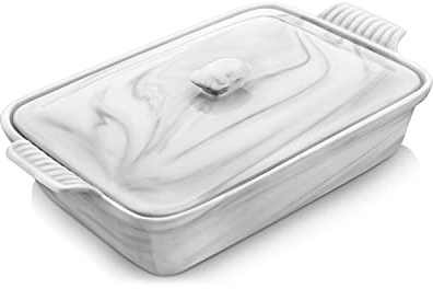 MALACASA Casserole Dish With Lid, 3.4 Quart Baking Dish With Lid, Lasagna Pan Deep Ceramic Bakeware Covered Casserole Dish, Microwave, Oven Safe, Series BAKE-GREY