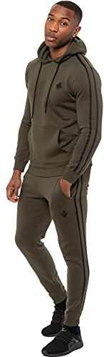Enzo Mens Full Tracksuit Set Striped Pullover Hoodie Casual Hoody Top Fleece Joggers Gym Jogging Bottoms (Khaki, L, l)
