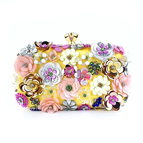 Womens Dinner Evening Handbag Beaded Floral Clutch Bag Banquet Purse Messenger Bag Wedding Party Prom Crossbody Bag Yellow