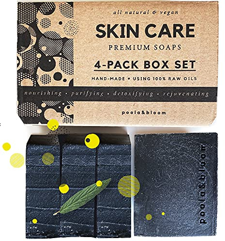 Poola & Bloom Naturseife für Männer – Herrenseife – Schwarze Seife, Aktivkohleseife, 4er-Set, Das Poola & Bloom Körperseife Set für Männer bietet ein luxuriöses Duscherlebnis mit vier