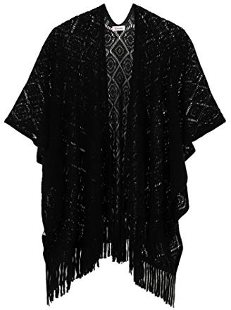 själ ung stickad sjal för kvinnor damer frans stickad poncho cardigan cape, Svart block, one size