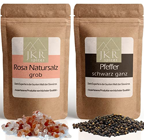 JKR Spices® 250g poivre noir entier + SPINTZ 500g sel rose gros | Grains de poivre + sel pour moulin | 100% naturel, sans additifs | Assaisonnement gourmet, arôme intense, sel cristallisé