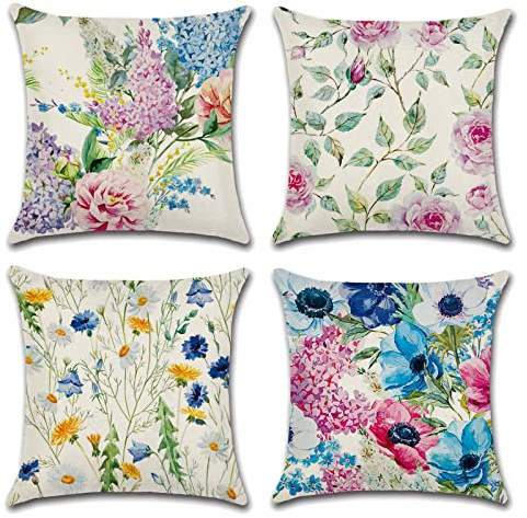 OCEUMACO Leinen Kissenbezug 40x40 Bunt Muster Kissenhülle 4er Set Quadratisch Dekokissen Sofakissen Bezug für Couch Sofa Natur Blumen Kissen Kissenbezüge Deko Zierkissen Couchkissen Outdoor