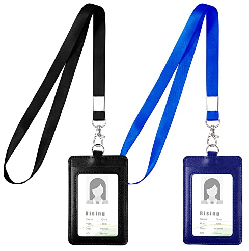 Vicloon Colgante de Tarjeta de Identificación PU, 2Pcs Soporte de Tarjeta ID de Doble, Caracuero Vertical Portatarjetas con Lanyard para Personal, Oficina (Negro&Azul Oscuro