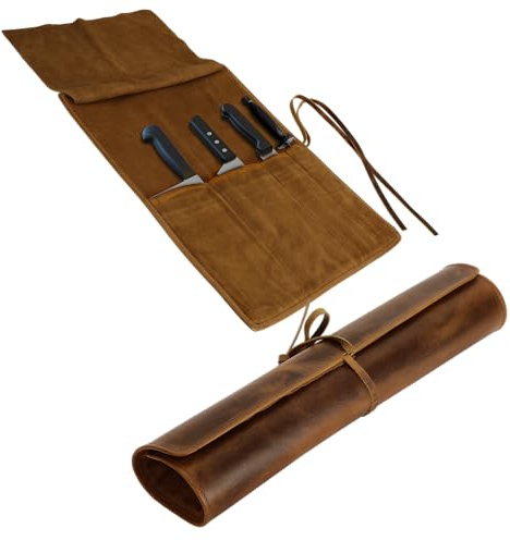 ELIZO Leather Knife Roll Bag Professional Chef Knife Case, Durable Knife Sheath Holder, Cooks & Culinary Tools Carrying Storage, Portable Knife Wrap - 4 Slots