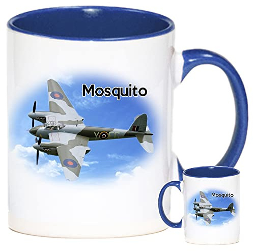 Mosquito Mug. Blue Inner and Blue Handle. Lovely Ceramic Gift Mug Featuring Colourful Image of the De Havilland WWII Fighter Bomber Mosquito Plane