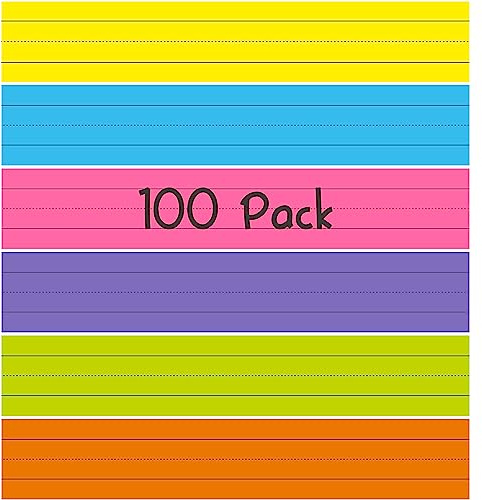 100er-Packung Satzstreifen, liniertes Regenbogen-Satzpapier für Handschrift-Übungen, Lernwerkzeug für Schule und Unterricht, Büromaterial (6 verschiedene Farben, 43cm x 7.6cm)
