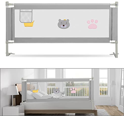 SWANEW Bettgitter 150 cm Bettschutzgitter für Kinder Kinderbettgitter faltbar, Kinderbettschutz zur Absturzsicherung, Kleinkindgitter, Einfach zu Montieren, Grau Bestickte Ausführung