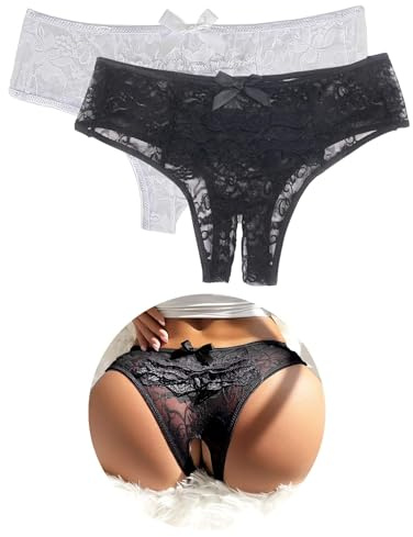 ohyeahlady Perizoma Donna Pizzo Taglie Forti String Tanga Hot Mutande Brasiliana Curvy Morbide Biancheria Intima Bikini Intimo Traspirante Panties Slip Thongs Bassa Underwear con Fiocco Nero+Bianco,S