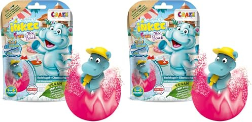 CRAZE INKEE FUN BEACH | Badekugel Kinder mit Überraschung, Badebombe Kinder mit Hippo Stempel, Mit Mangobutter & Wassermelone-Duft (Packung mit 2)