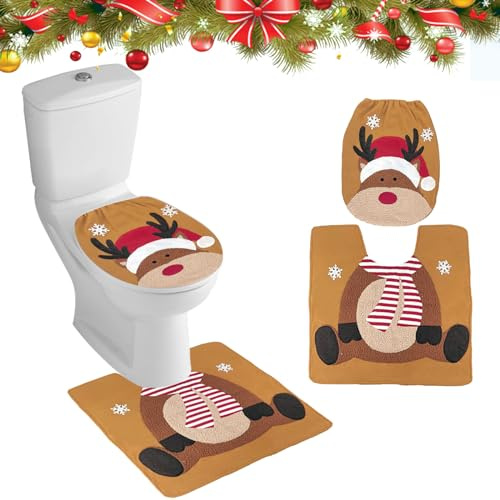 Minicoco Weihnachten WC Set Weihnachtsdekorationen Weihnachtsmann Toilettenbezug Badezimmer Dekorationen Weihnachten Toilettenkissen für Deckel Boden, Toilette (Elch)